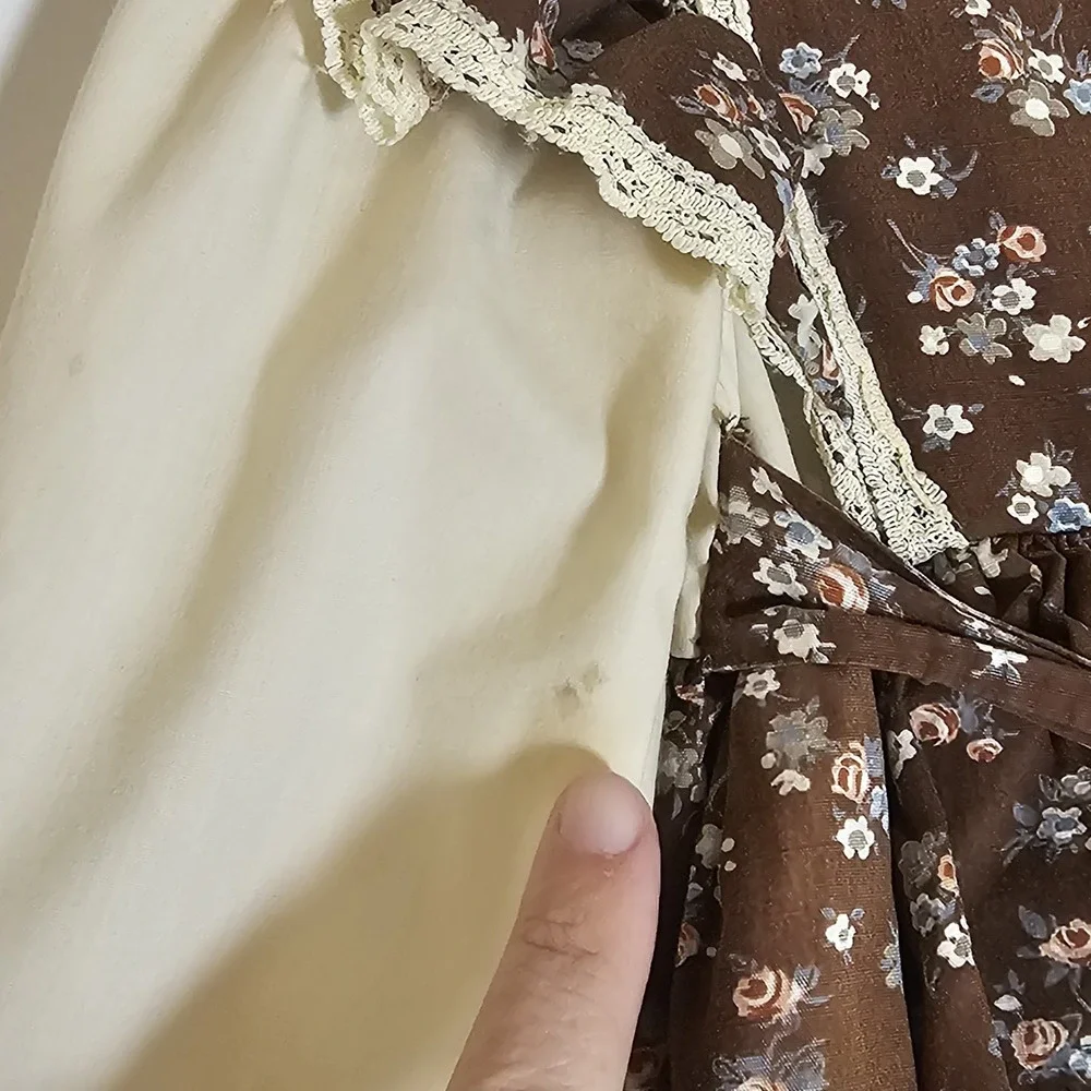 Vintage Dress Girls 6 Brown Floral Ruffle Lace Jumper Style Prairie Cottage Doll